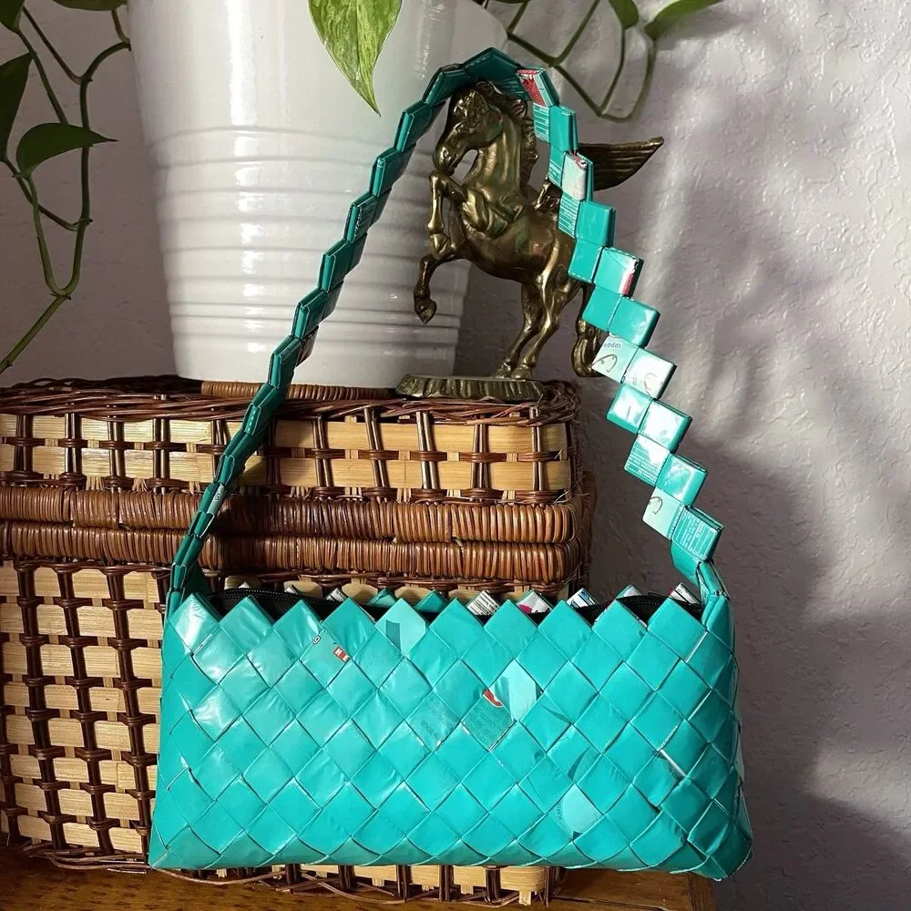 VTG Handmade Upcycled Bimbo Wrapper Woven Shoulder Bag Turquoise Wearable Art
